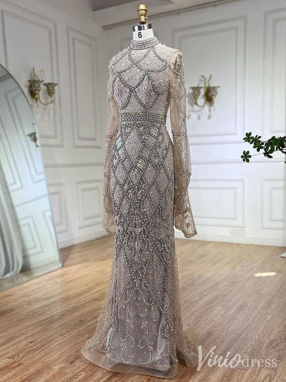 Beaded Lace Long Sleeve Prom Dresses High Neck Pageant Dress 20232-Evening Dresses 2025 -Viniodress-Black-US 2-
