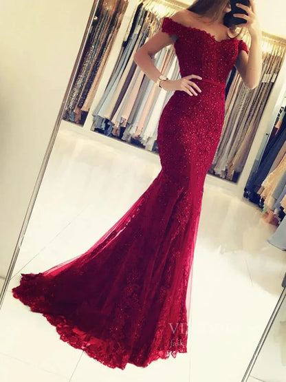 Beaded Lace Mermaid Long Prom Dresses Off the Shoulder Formal Dress FD1698-prom dresses 2025 -Viniodress-Emerald Green-Custom Size-