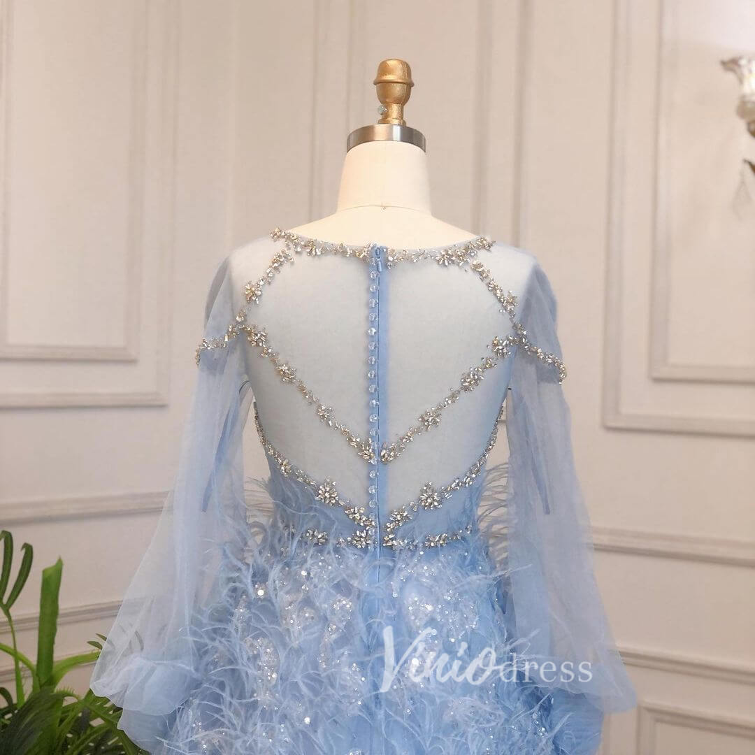 Beaded Light Blue Feather Prom Dresses Long Puff Sleeve Evening Dress 20035-Evening Dresses 2025 -Viniodress-Light Blue-US 2-