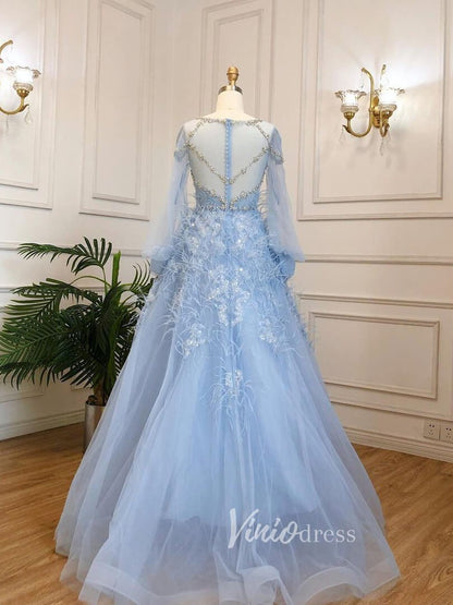 Beaded Light Blue Feather Prom Dresses Long Puff Sleeve Evening Dress – Viniodress