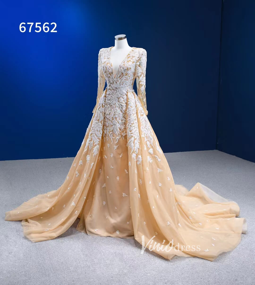 Beaded Light Gold Long Sleeve Wedding Dresses Removable Overskirt 67562-wedding dresses 2025 -Viniodress-Gold-Custom Size-