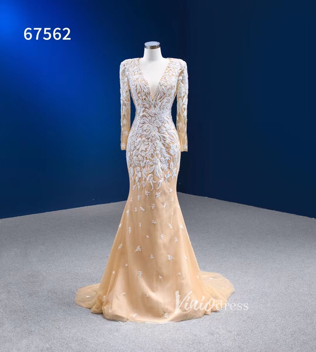 Beaded Light Gold Long Sleeve Wedding Dresses Removable Overskirt 67562-wedding dresses 2025 -Viniodress-Gold-Custom Size-