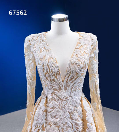 Beaded Light Gold Long Sleeve Wedding Dresses Removable Overskirt 67562-wedding dresses 2025 -Viniodress-Gold-Custom Size-