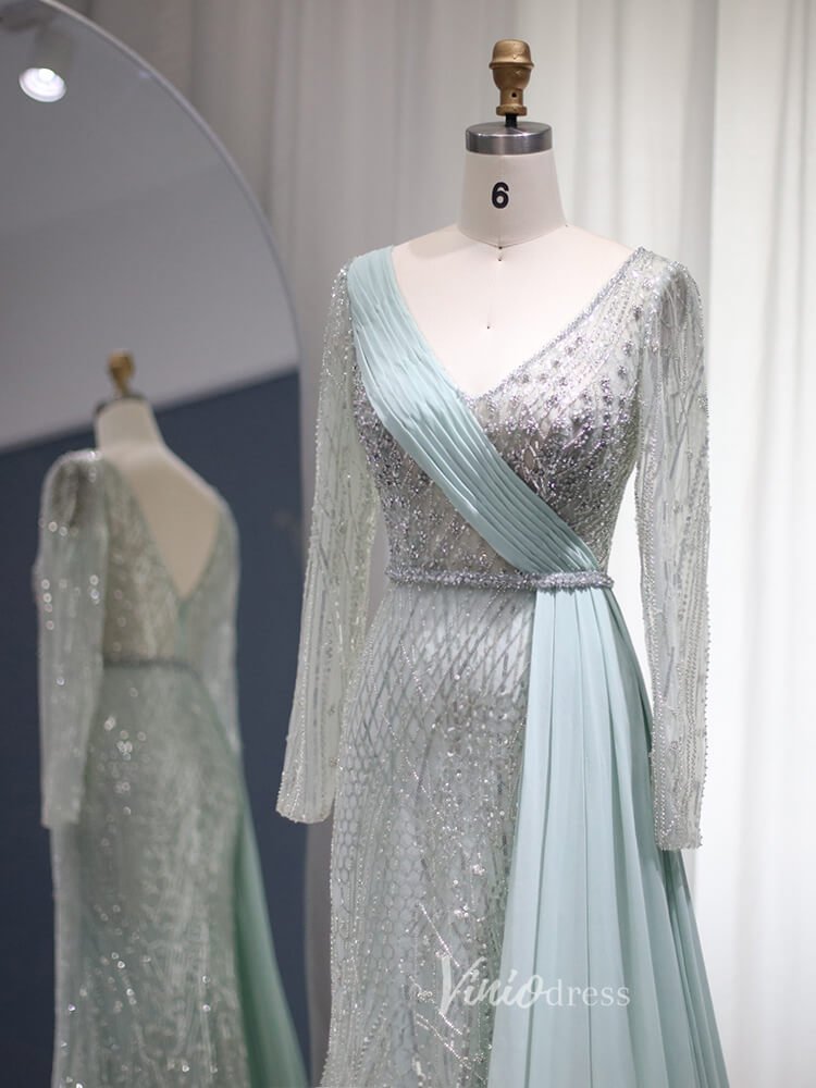 Beaded Light Green Sheath Prom Dresses Long Sleeve Overskirt Evening Dress 20086-Evening Dresses 2025 -Viniodress-Light Green-US 2-