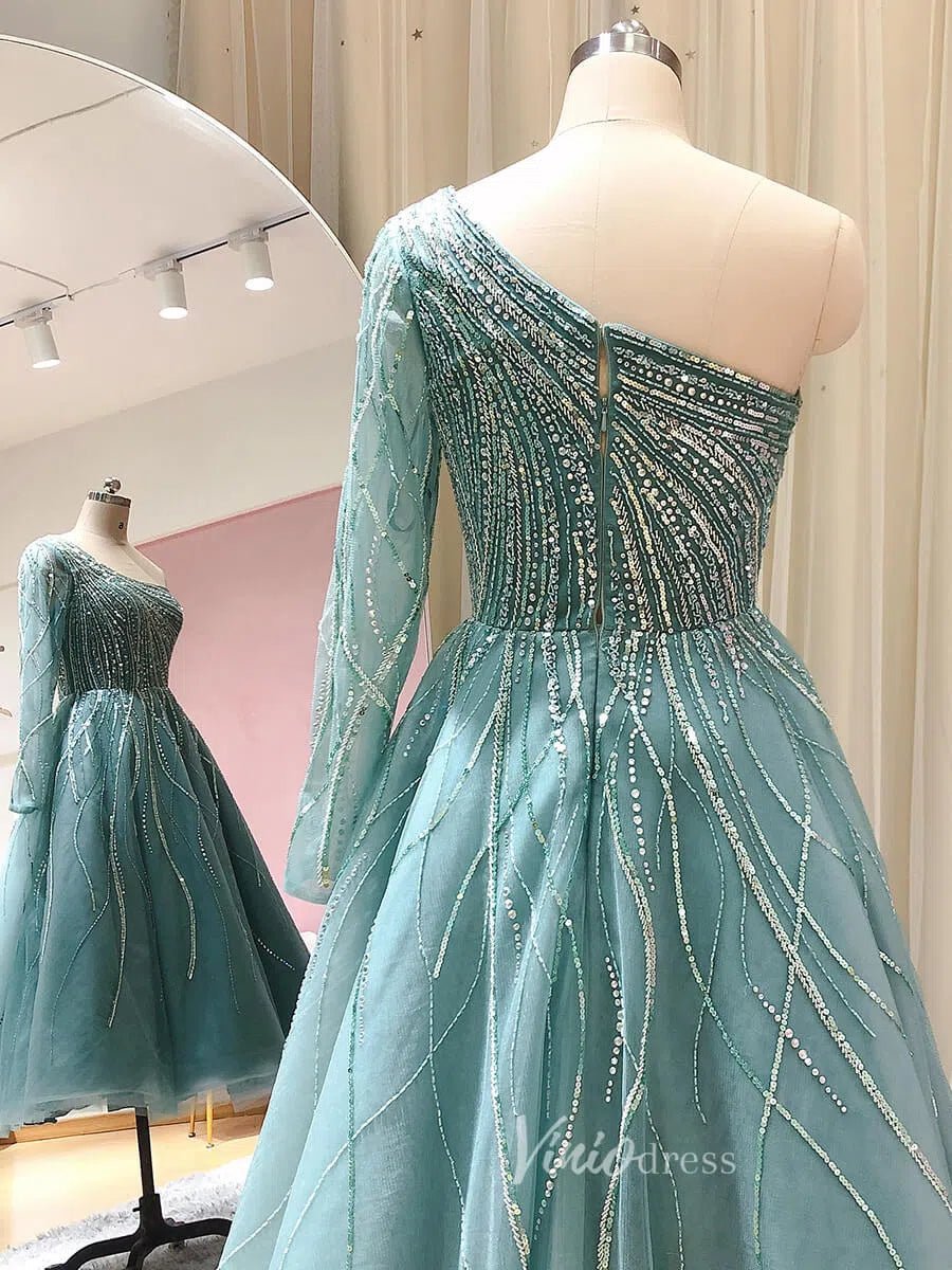 Beaded Light Green Tea Length Evening Dress One Shoulder Long Sleeve Prom Dress 20096-Evening Dresses 2025 -Viniodress-Light Green-US 2-