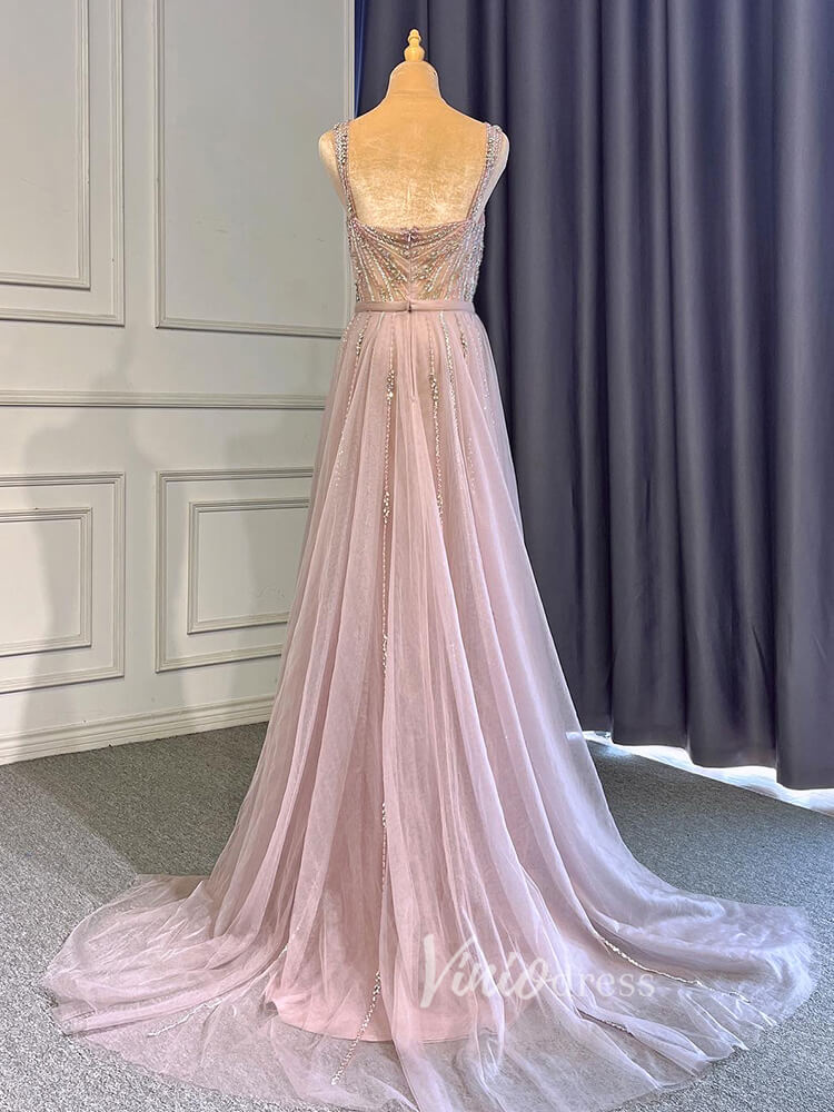 Beaded Mauve Prom Dresses Overskirt Sheath Gold Evening Dress with Sli – Viniodress