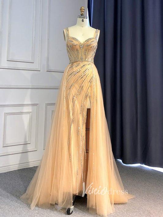 Beaded Mauve Prom Dresses Overskirt Sheath Gold Evening Dress with Slit 20010-Evening Dresses 2025 -Viniodress-Gold-US 2-