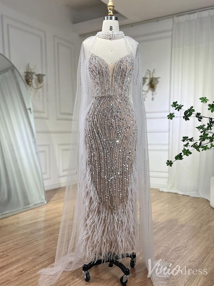 Beaded Mermaid Cape Sleeve Prom Dresses Feather Pageant Dress 20233-Evening Dresses 2025 -Viniodress-Light Blue-US 2-