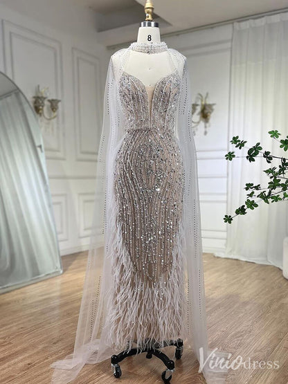 Beaded Mermaid Cape Sleeve Prom Dresses Feather Pageant Dress 20233-Evening Dresses 2025 -Viniodress-Light Blue-US 2-