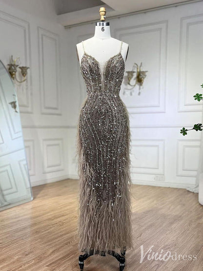 Beaded Mermaid Cape Sleeve Prom Dresses Feather Pageant Dress 20233-Evening Dresses 2025 -Viniodress-Light Blue-US 2-
