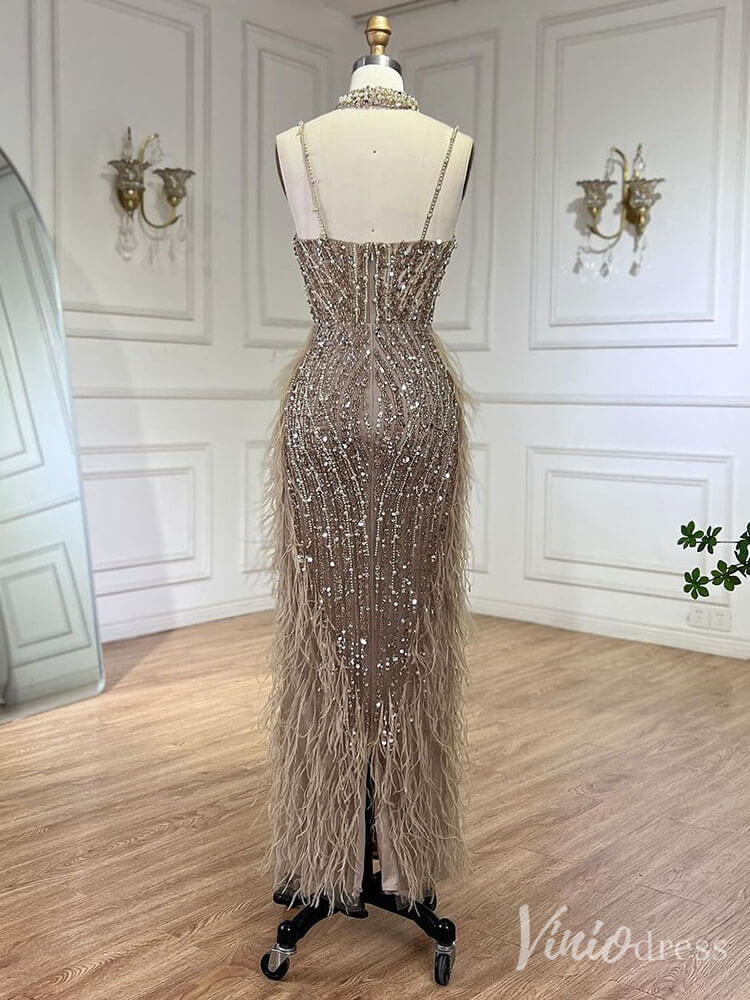 Beaded Mermaid Feather Prom Dresses 1920s Evening Dress Spaghetti Strap 20067-Evening Dresses 2025 -Viniodress-As Picture-US 2-