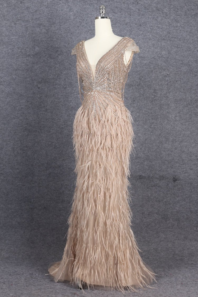Beaded Mermaid Feather Prom Dresses Beaded 1920s Flapper Dress AD1249-Evening Dresses 2025 -Viniodress-Taupe-US 2-