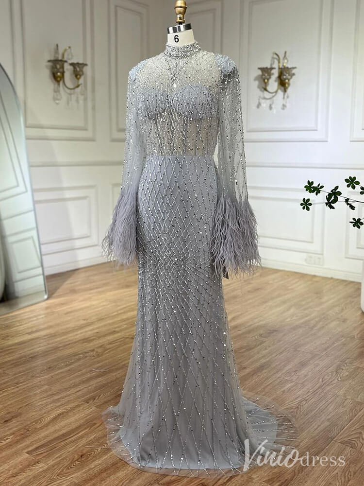 Beaded Mermaid Long Sleeve Prom Dresses High Neck Feathers Pageant Dress AD1246-Evening Dresses 2025 -Viniodress-Champagne-US 2-