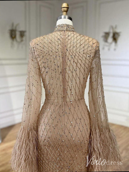 Beaded Mermaid Long Sleeve Prom Dresses High Neck Feathers Pageant Dress AD1246-Evening Dresses 2025 -Viniodress-Champagne-US 2-