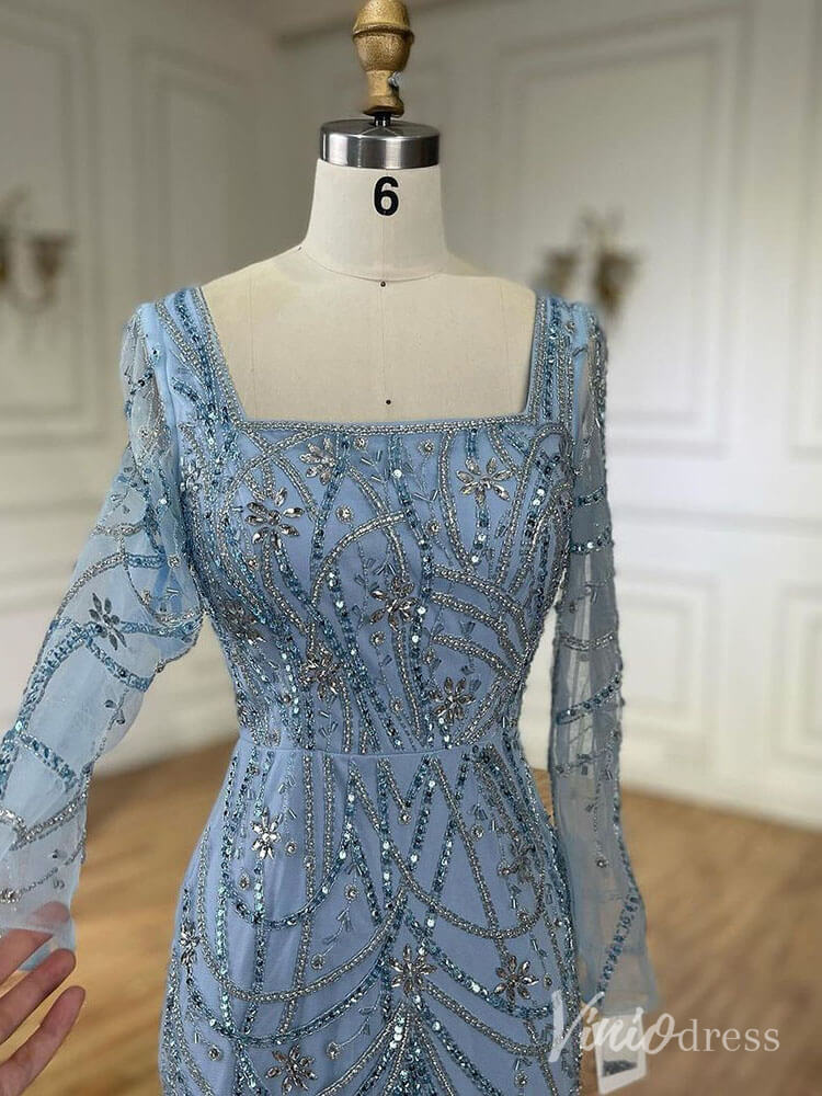 Beaded Mermaid Long Sleeve Prom Dresses Square Neck Pageant Dress AD1248-Evening Dresses 2025 -Viniodress-Green-US 2-