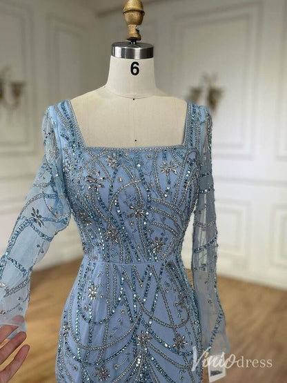Beaded Mermaid Long Sleeve Prom Dresses Square Neck Pageant Dress AD1248-Evening Dresses 2025 -Viniodress-Green-US 2-