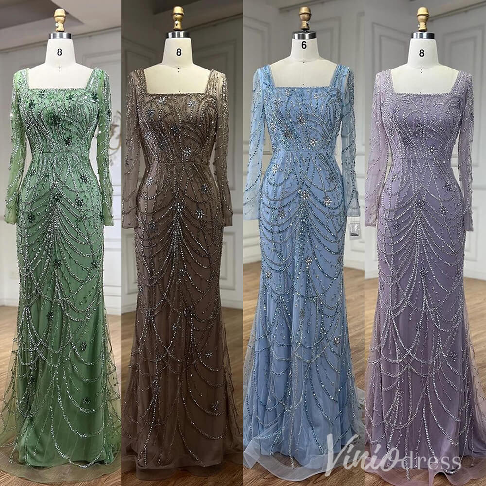 Beaded Mermaid Long Sleeve Prom Dresses Square Neck Pageant Dress AD1248-Evening Dresses 2025 -Viniodress-Green-US 2-