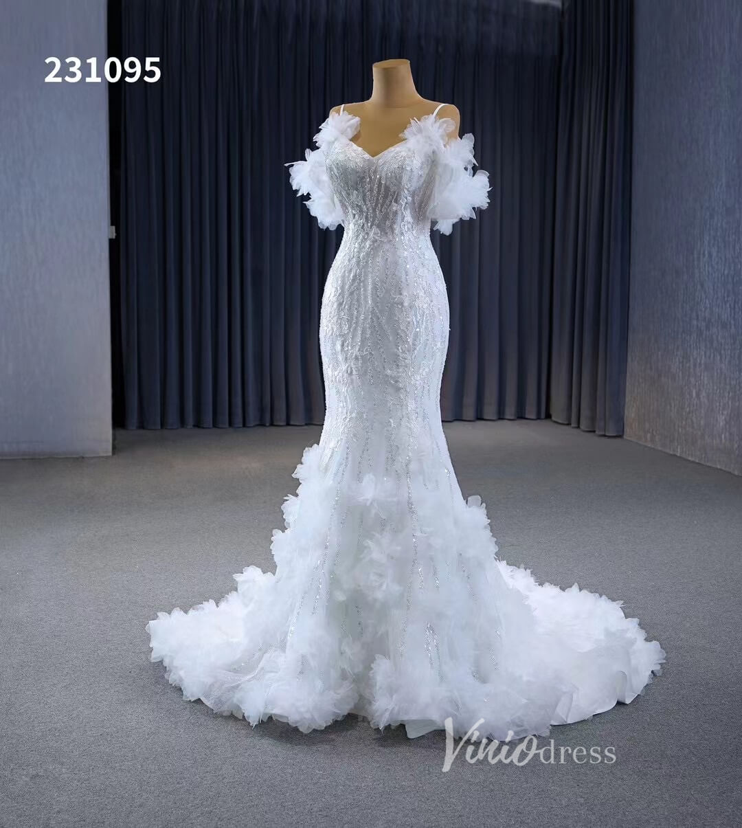 Beaded Mermaid Ruffle Wedding Dresses Spaghetti Strap Wedding Gown 231095-wedding dresses 2025 -Viniodress-Ivory-Custom Size-