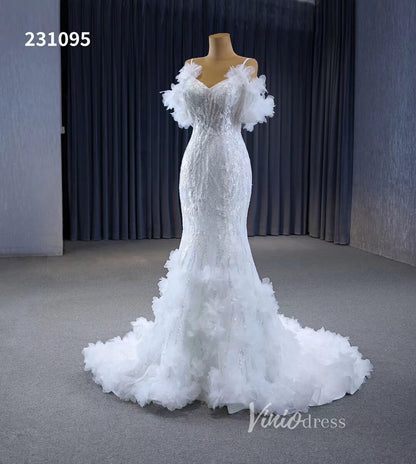 Beaded Mermaid Ruffle Wedding Dresses Spaghetti Strap Wedding Gown 231095-wedding dresses 2025 -Viniodress-Ivory-Custom Size-