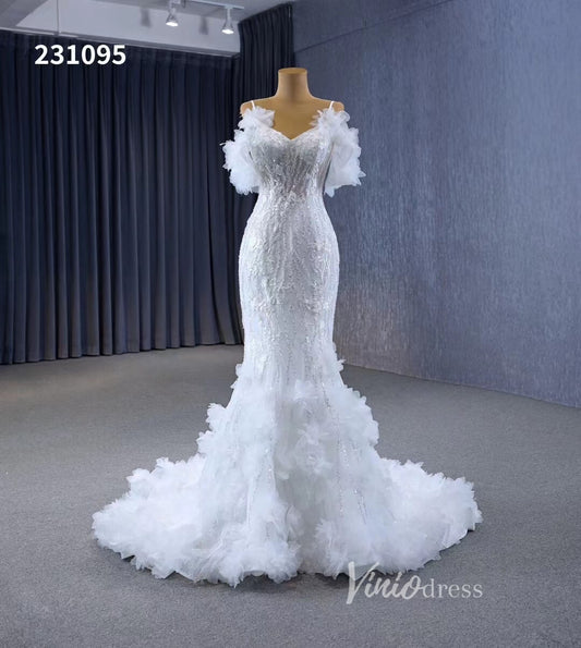 Beaded Mermaid Ruffle Wedding Dresses Spaghetti Strap Wedding Gown 231095-wedding dresses 2025 -Viniodress-Ivory-Custom Size-