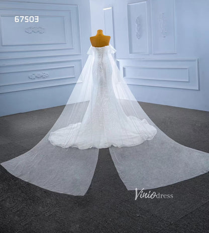 Beaded Mermaid Wedding Dress with Long Cape Sleeve 67503-wedding dresses 2025 -Viniodress-Ivory-Custom Size-