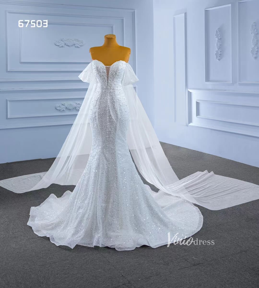 Beaded Mermaid Wedding Dress with Long Cape Sleeve 67503-wedding dresses 2025 -Viniodress-Ivory-Custom Size-