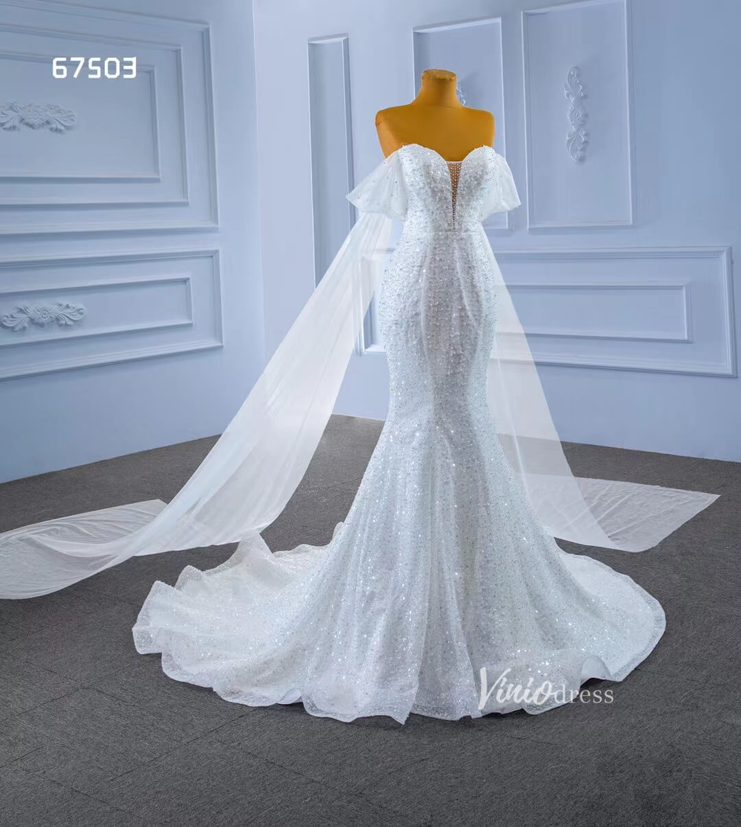 Beaded Mermaid Wedding Dress with Long Cape Sleeve 67503-wedding dresses 2025 -Viniodress-Ivory-Custom Size-