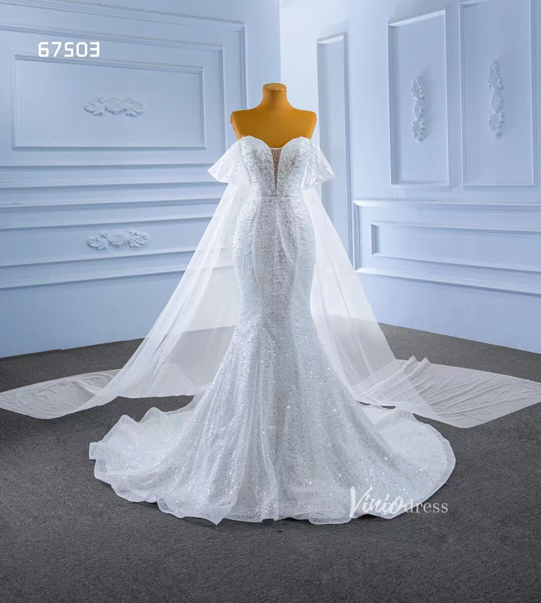 Beaded Mermaid Wedding Dress with Long Cape Sleeve 67503-wedding dresses 2025 -Viniodress-Ivory-Custom Size-
