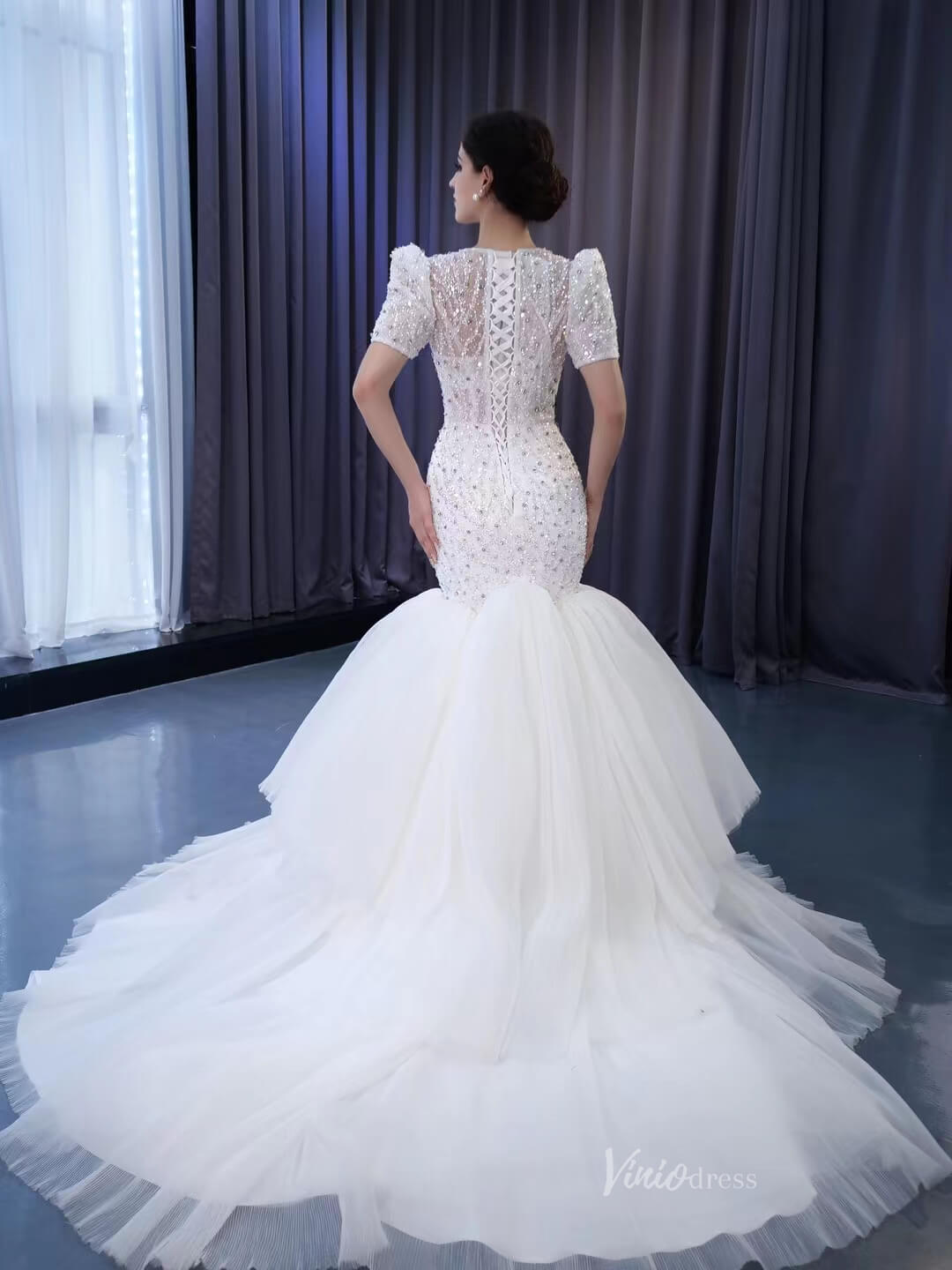 Beaded Mermaid Wedding Dresses Puffed Sleeve Bridal Dress 231009-wedding dresses 2025 -Viniodress-Ivory-Custom Size-