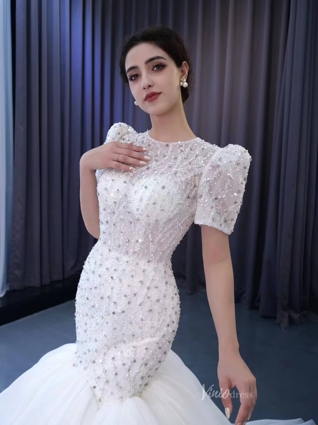 Beaded Mermaid Wedding Dresses Puffed Sleeve Bridal Dress 231009-wedding dresses 2025 -Viniodress-Ivory-Custom Size-