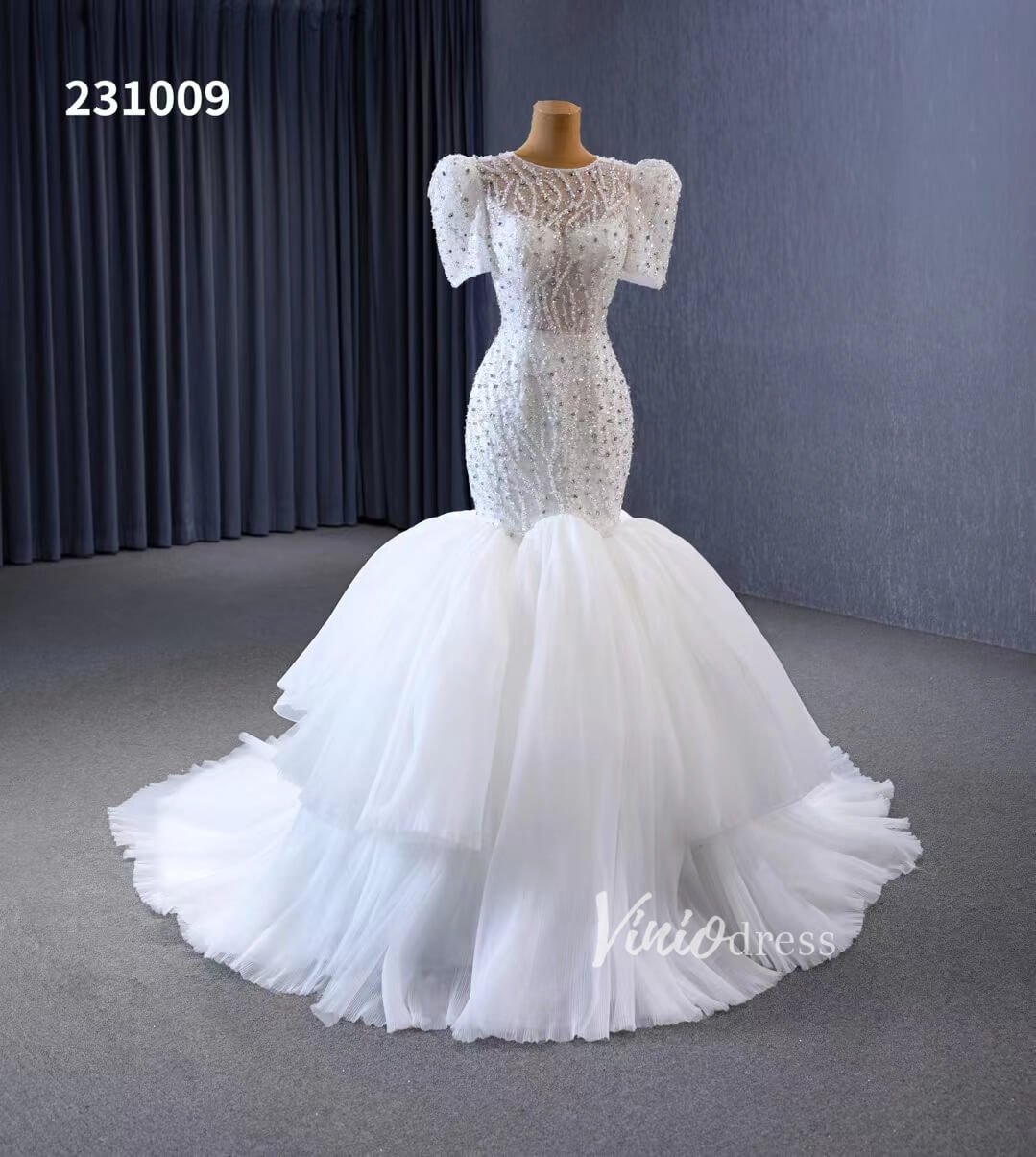 Beaded Mermaid Wedding Dresses Puffed Sleeve Bridal Dress 231009-wedding dresses 2025 -Viniodress-Ivory-Custom Size-