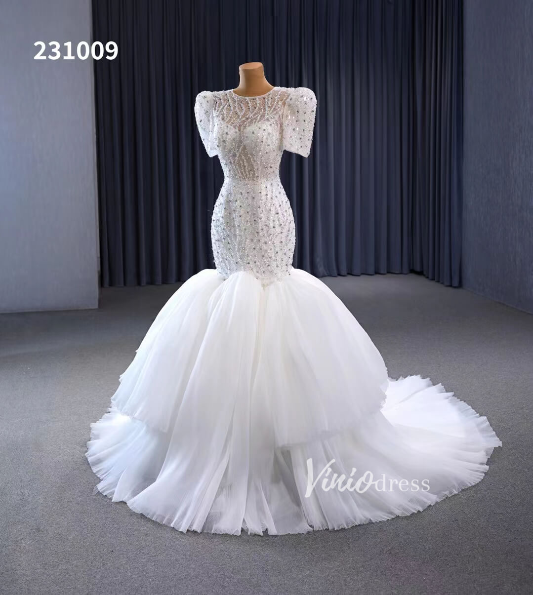 Beaded Mermaid Wedding Dresses Puffed Sleeve Bridal Dress 231009-wedding dresses 2025 -Viniodress-Ivory-Custom Size-
