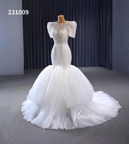 Beaded Mermaid Wedding Dresses Puffed Sleeve Bridal Dress 231009-wedding dresses 2025 -Viniodress-Ivory-Custom Size-
