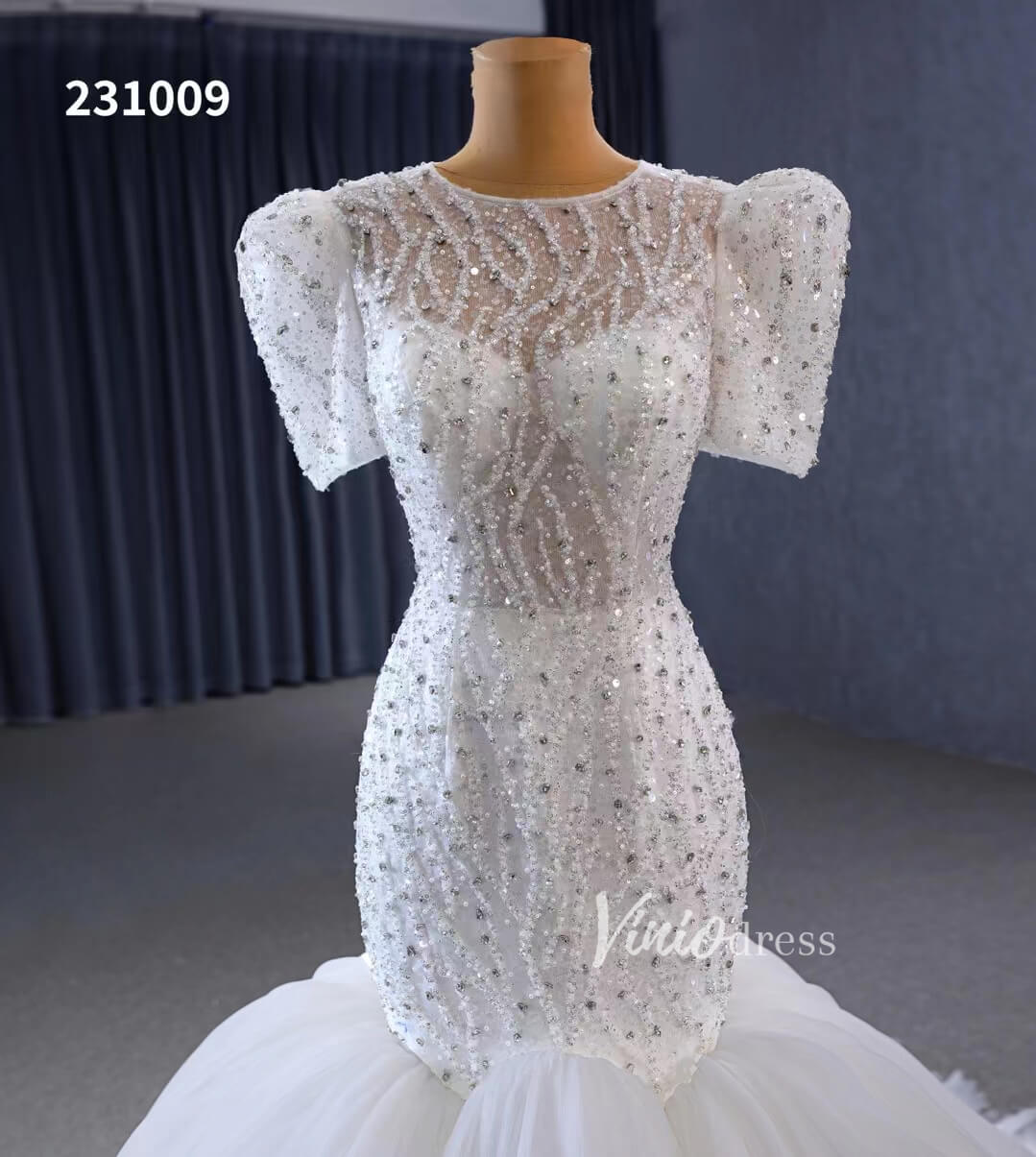 Beaded Mermaid Wedding Dresses Puffed Sleeve Bridal Dress 231009-wedding dresses 2025 -Viniodress-Ivory-Custom Size-