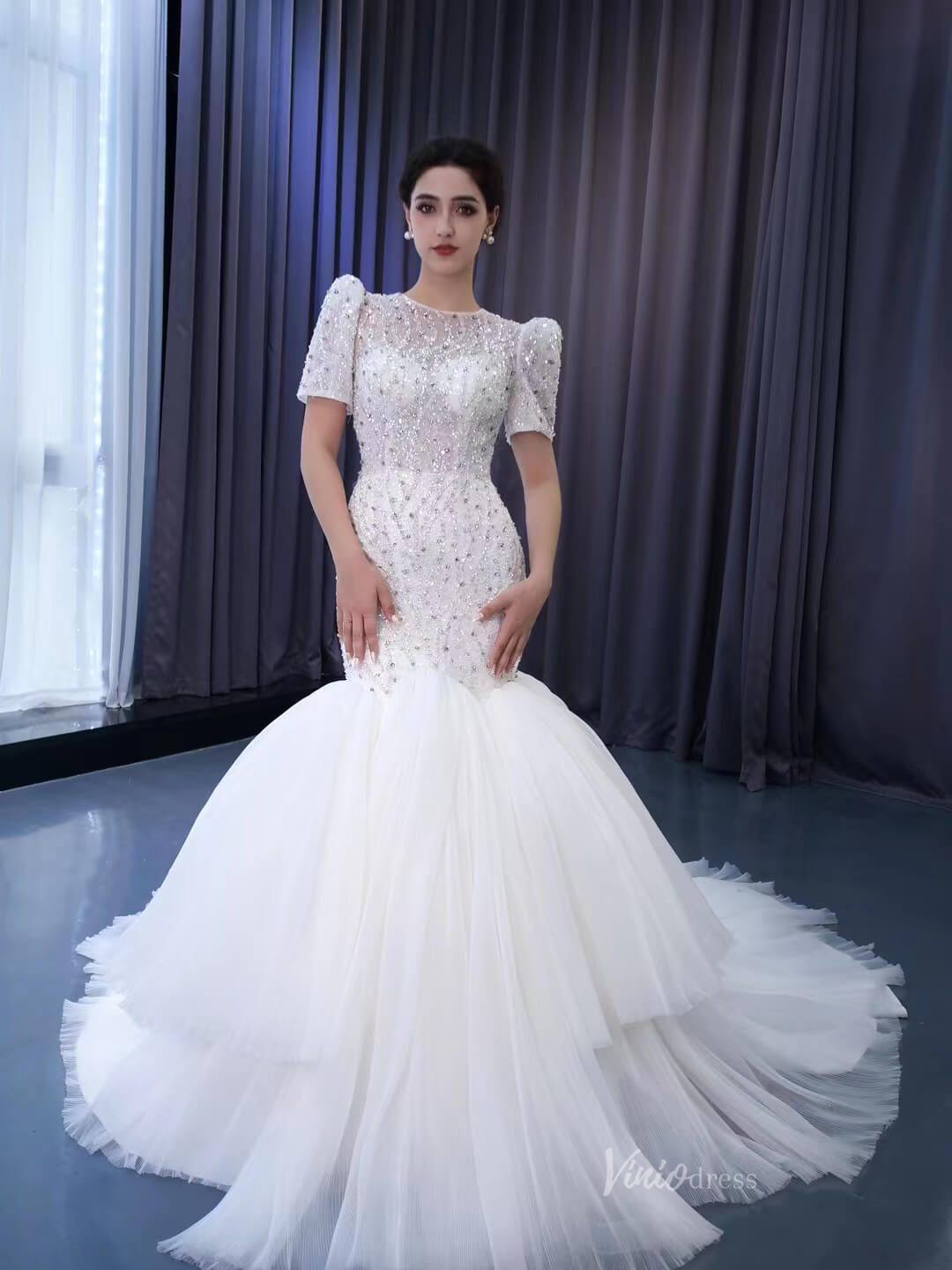 Beaded Mermaid Wedding Dresses Puffed Sleeve Bridal Dress 231009-wedding dresses 2025 -Viniodress-Ivory-Custom Size-
