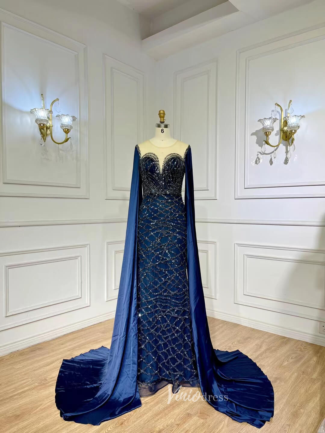 Beaded Navy Blue Mother of the Bride Dress Extra Long Cape Sleeve Even – Viniodress