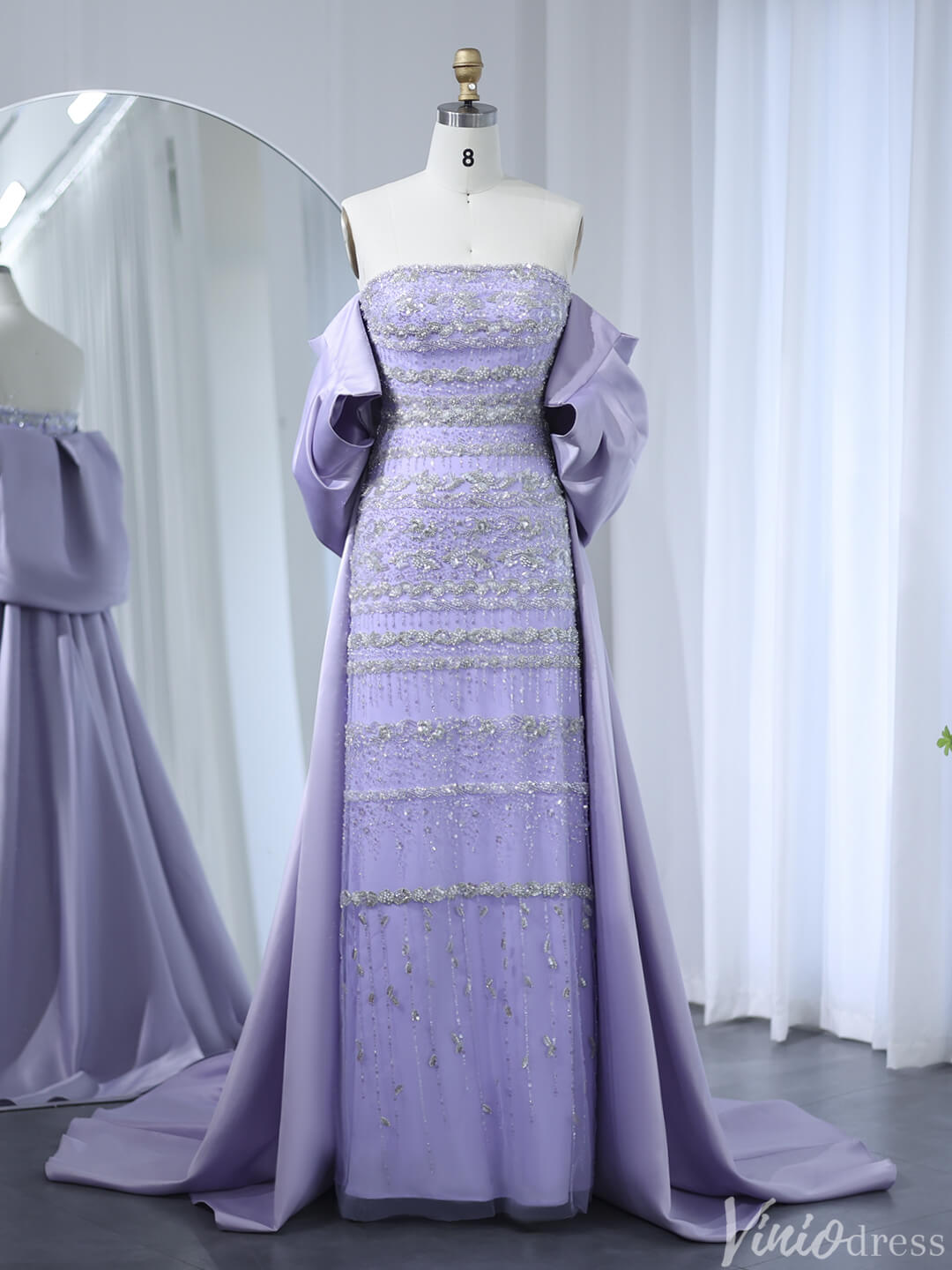 Beaded Off the Shoulder Evening Dresses Satin Train Mother of the Bride Dress AD1153-Evening Dresses 2025 -Viniodress-Magenta-US 2-