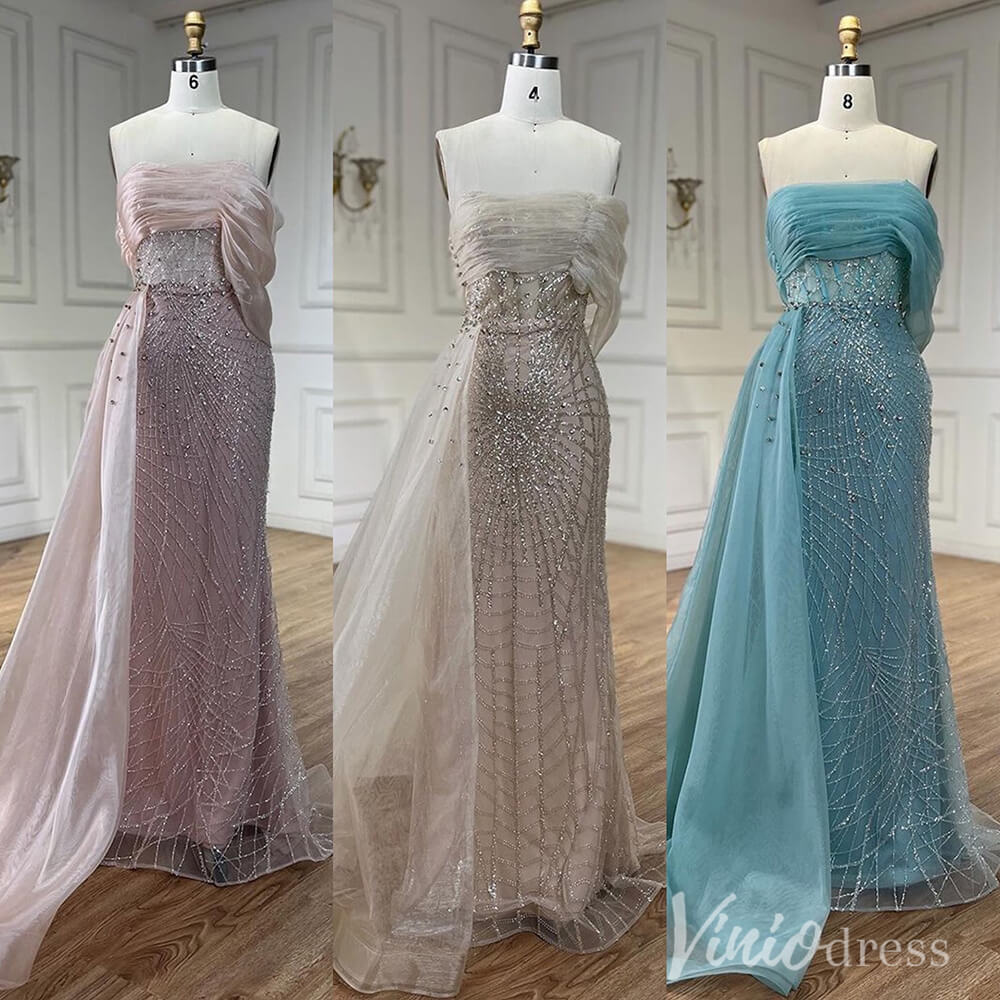 Beaded Off the Shoulder Prom Dresses Mermaid Overskirt Pageant Dress AD1254-Evening Dresses 2025 -Viniodress-Blue-US 2-