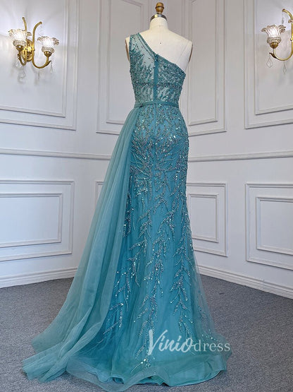 Beaded One Shoulder Prom Dresses with Slit Sheath Evening Gowns 20016-Evening Dresses 2025 -Viniodress-Silver-US 2-