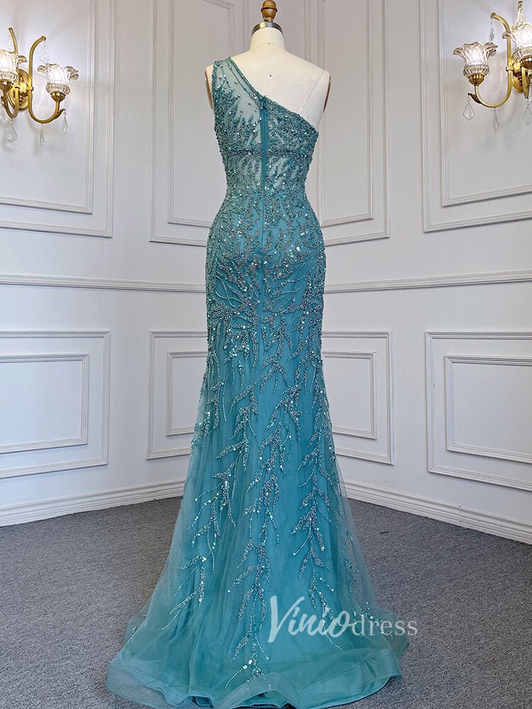 Beaded One Shoulder Prom Dresses with Slit Sheath Evening Gowns 20016-Evening Dresses 2025 -Viniodress-Silver-US 2-