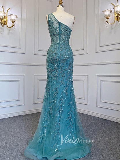 Beaded One Shoulder Prom Dresses with Slit Sheath Evening Gowns 20016-Evening Dresses 2025 -Viniodress-Silver-US 2-