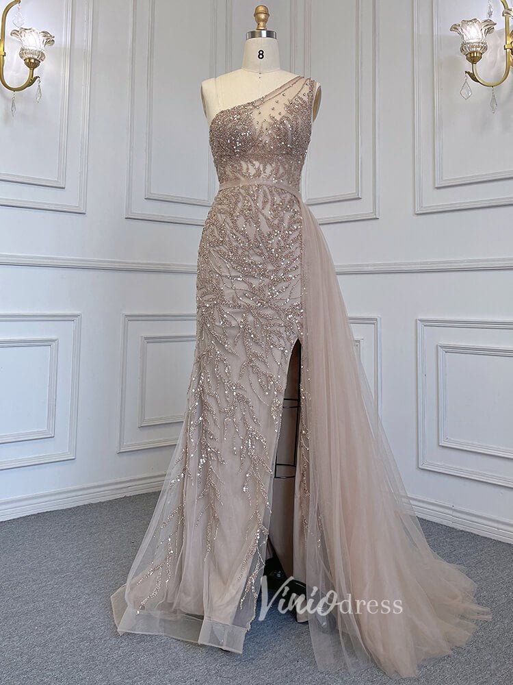 Beaded One Shoulder Prom Dresses with Slit Sheath Evening Gowns 20016-Evening Dresses 2025 -Viniodress-Taupe-US 2-