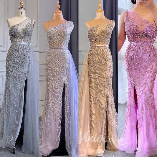 Beaded One Shoulder Prom Dresses with Slit Sheath Evening Gowns 20016-Evening Dresses 2025 -Viniodress-Silver-US 2-