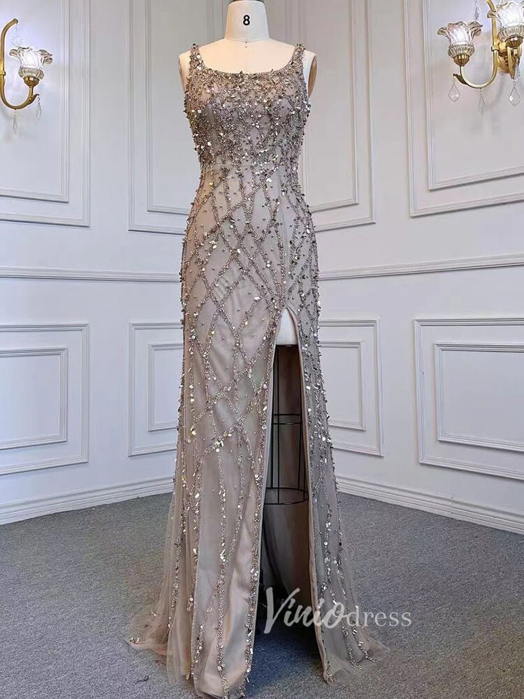 Beaded Overskirt Sheath Evening Dress with Slit 20033-Evening Dresses 2025 -Viniodress-As Picture-US 2-