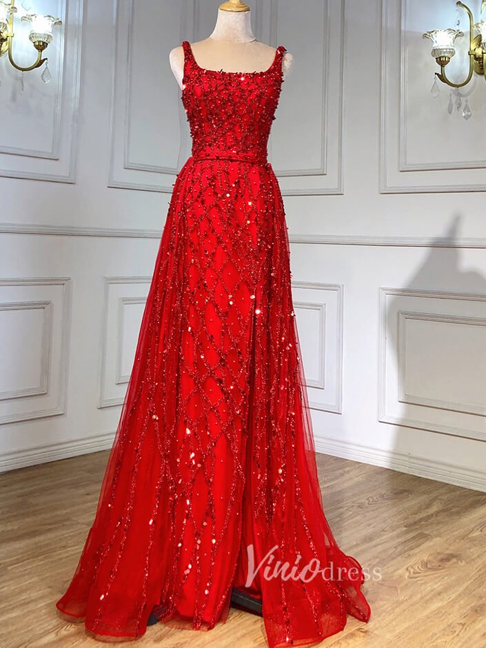 Beaded Overskirt Sheath Evening Dress with Slit 20033-Evening Dresses 2025 -Viniodress-Red-US 2-