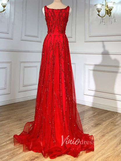 Beaded Overskirt Sheath Evening Dress with Slit 20033-Evening Dresses 2025 -Viniodress-As Picture-US 2-