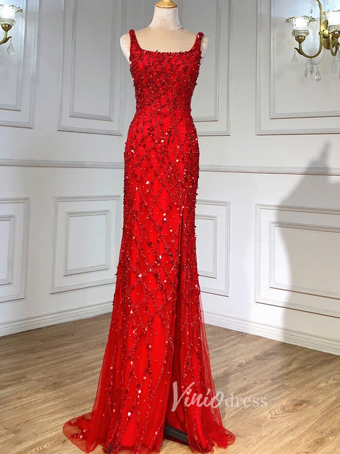 Beaded Overskirt Sheath Evening Dress with Slit 20033-Evening Dresses 2025 -Viniodress-As Picture-US 2-