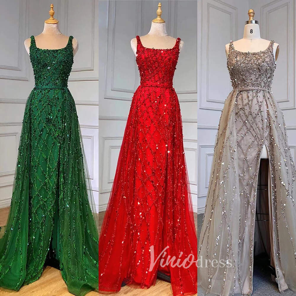 Beaded Overskirt Sheath Evening Dress with Slit 20033-Evening Dresses 2025 -Viniodress-As Picture-US 2-