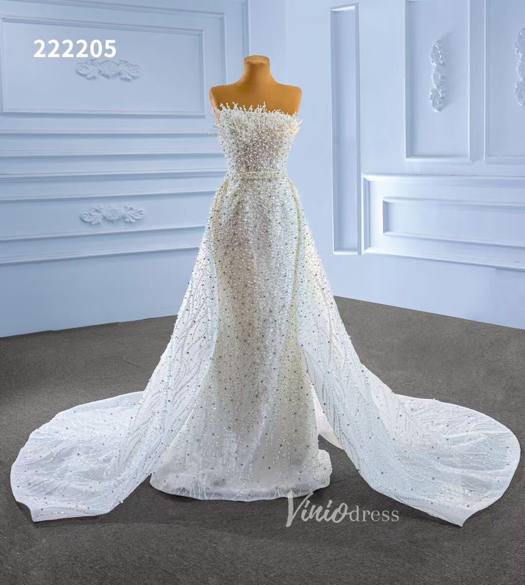 Beaded Pearl Mermaid Wedding Dresses with Removable Overskirt 222205-wedding dresses 2025 -Viniodress-Ivory-Custom Size-