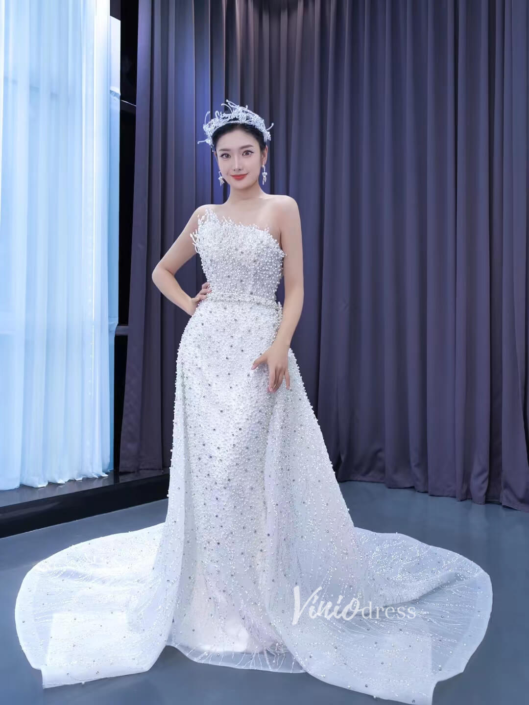 Beaded Pearl Mermaid Wedding Dresses with Removable Overskirt 222205-wedding dresses 2025 -Viniodress-Ivory-Custom Size-